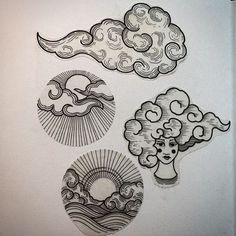 four stickers depicting different types of clouds and sun on a white sheet with black ink