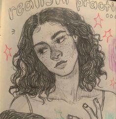 a drawing of a girl with curly hair and stars on the background that says, meann pretty