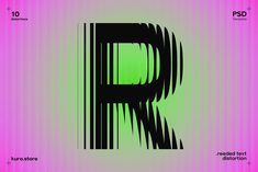 the letter r is made up of strips of black paint on a pink and green background