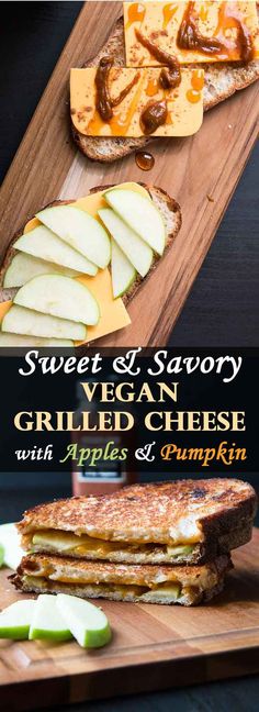 an image of grilled cheese with apples and pumpkins on toasted bread for sweet & savory vegan grilled cheese