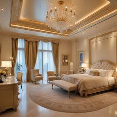 a large bedroom with a chandelier, bed and desk in the middle of it