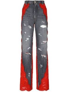 New In for Women | FARFETCH Jeans With Lace, Leather Tag, Denim Details, Dark Fashion, Silk Crepe, Wide Leg Jeans, Lace Detail, Floral Lace, Designer Fashion