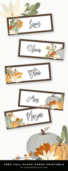 three thanksgiving place cards with pumpkins and leaves on them, all in different colors