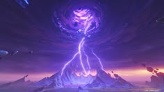 an animated image of a lightning bolt in the sky above some mountains and rocks,