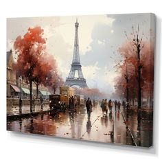 a painting of the eiffel tower in paris on a rainy day canvas wall art print