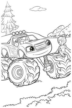 a cartoon monster truck driving through the woods