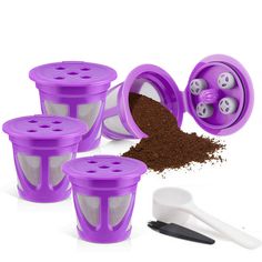 four purple kitchen gadgets with scoops and spoons next to them on a white surface