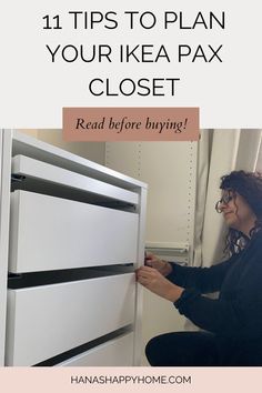 a woman is opening the freezer door with text overlay that reads how to plan your ikea pax 11 must have tips