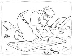 a man kneeling down on top of a blanket in the desert with cactus plants around him