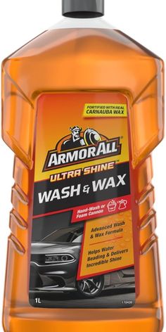 armorall ultrashine wash and wax is shown in an orange bottle with black cap