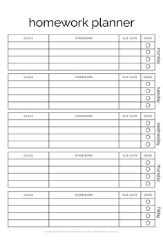 the printable homework planner is shown in black and white, with text that reads homework planner