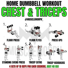 the dumbbell workout chest and triceps poster shows how to do each exercise