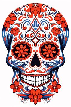 a skull with red and blue flowers on it