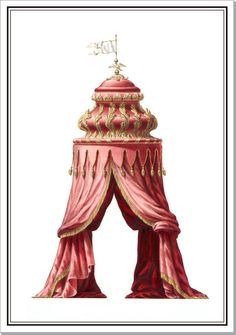 a drawing of a pink tent with curtains and a cross on it's top