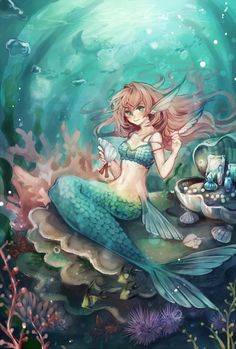 a mermaid sitting on top of a rock under water