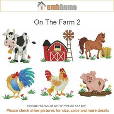 an image of farm animals and roosters on the farm 2 cross stitch pattern set