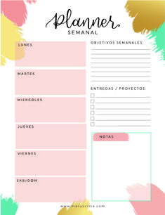 a pink and gold planner with the words planner on it, surrounded by colorful brush strokes