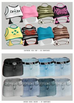 several different types of shorts and tops on display in front of a white background with the same