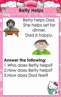 a pink hello kitty card with the words,'betty helps dad she helps set for dinner, dad is happy