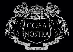 the cosa nosstra logo on a black background with white lettering and an ornate crest