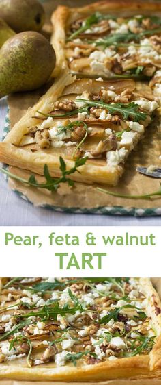 pear, feta and walnut tart on a wooden cutting board with green garnish