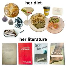 there are many different books and food on the table with it's title written