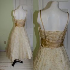 Gold A-line Evening Dress For Prom Season, Vintage Gold Evening Dress For Party, Vintage Gold Evening Dress For Wedding, Vintage Ball Gown Dress For Party, Vintage Full Skirt Wedding Dresses, Vintage Gold Dress For Evening, Vintage Gold Evening Dress, Vintage Gold Dresses For Evening, 1950s A-line Party Vintage Dress