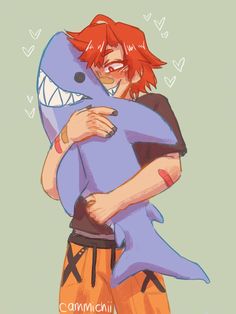 a drawing of a boy hugging a shark