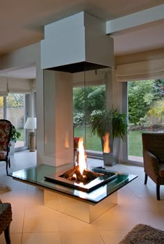 a living room filled with furniture and a fire place next to a large glass window