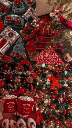 a christmas tree is surrounded by red and silver ornaments, stockings, and other holiday decorations