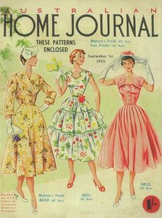 an old fashion magazine cover with two women in dresses and hats on the front page