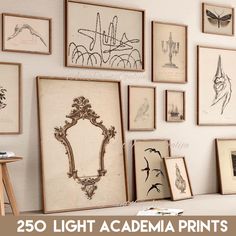 there are many framed pictures on the wall with words above them that read, 250 light academy prints