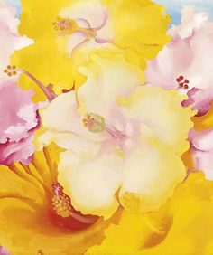 a painting of yellow and pink flowers