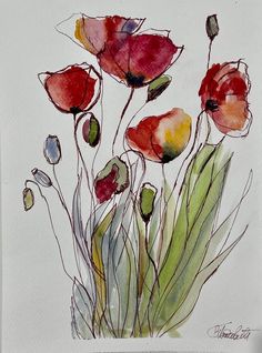 watercolor painting of red and yellow flowers