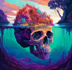 a painting of a skull floating in the water with trees and plants on it's head