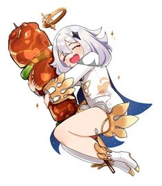 an anime character holding a hamburger in her hand