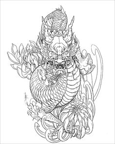 an ink drawing of a dragon with flowers on it's chest and head in the center