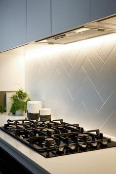 a stove top oven sitting inside of a kitchen next to a potted green plant