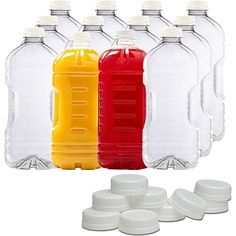 six plastic water bottles with lids and caps