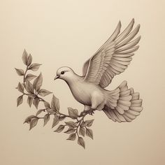 a drawing of a dove on a branch with leaves