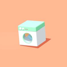 a white and green washing machine on an orange background with the top half turned down