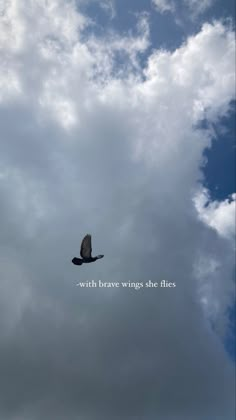 there is a bird flying in the sky with words above it that read, with brave wings she flies