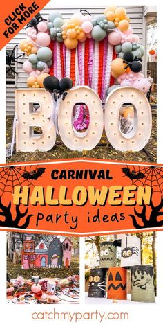 an outdoor halloween party with balloons and decorations