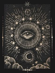 an all seeing eye in the sky with stars and moon on it, surrounded by clouds