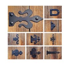 several different types of metal latches on wooden boards