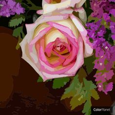 a painting of a pink rose surrounded by purple flowers