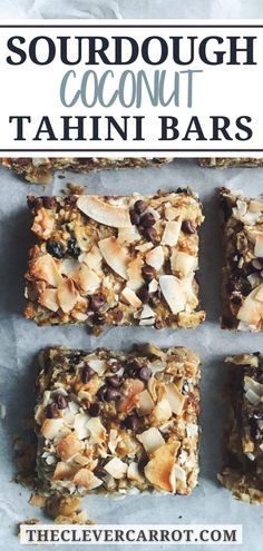 four square bars with coconut and raisins on top, in front of the title text reads sourdough coconut tahn bars