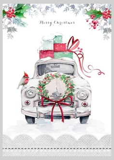 an old car with presents on top and a bird sitting on the front wheel, painted in watercolor