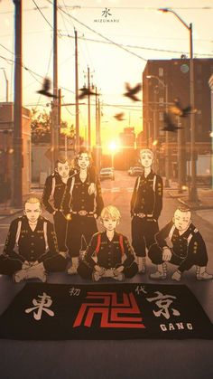 an anime movie poster with some people sitting on the ground and one person standing in front of them