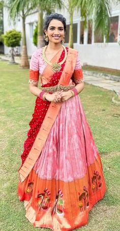 Pink Paithani Lehenga, Bridal Langa Voni, Paithani Saree Lehenga, Pattu Lehengas For Women, Pythani Pattu Half Sarees, Blouse Designs For Pattu Half Saree, Paithani Lehanga Designs, Bandhini Lehangas, Pythani Pattu Lehanga